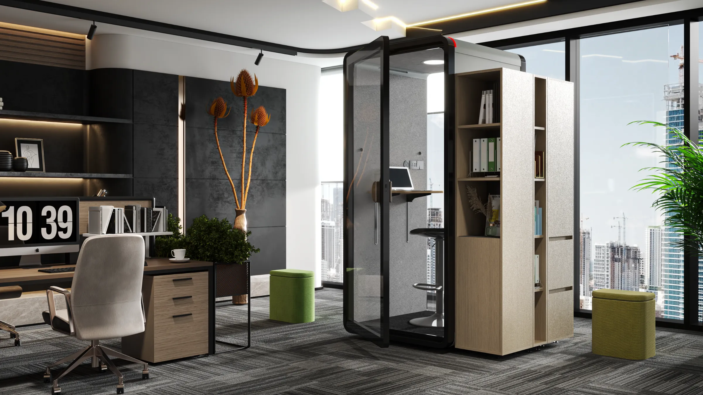 Maxi Phone Booth with a bookshelf beside a window